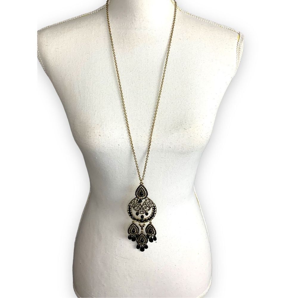 Extra Long Bronze and black Ornate Beaded Necklace